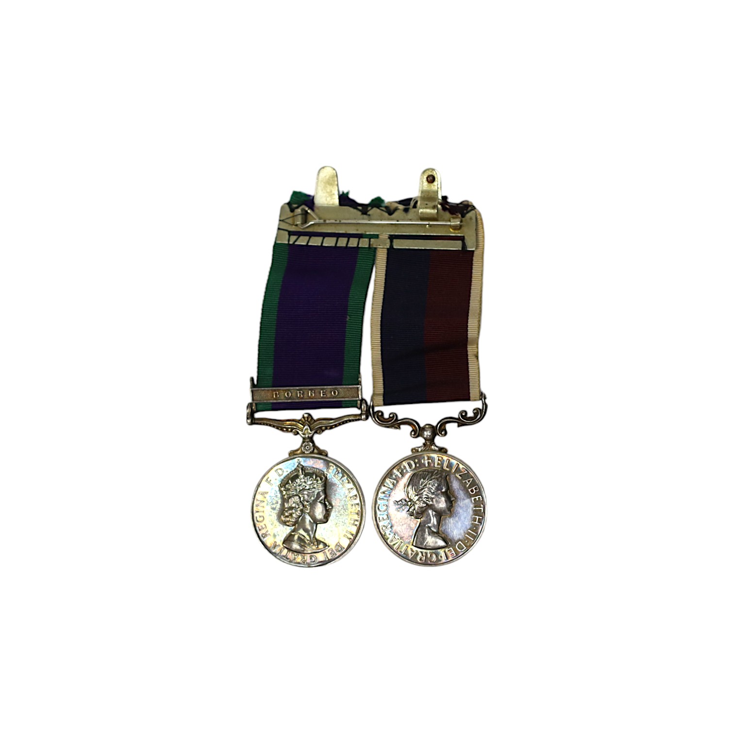 An ERII RAF medal pair awarded to Cpl. A.F.G. Pitcher RAF, comprising; a General Service Medal with a bar for Borneo and an RAF Long Service Medal, mounted on a common pin. Condition - fair to good